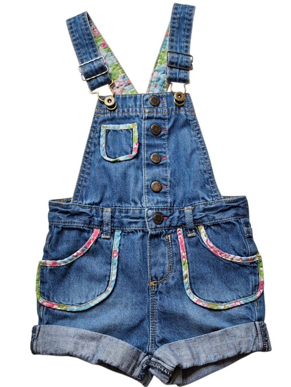 Genuine Kids Denim Floral-Trim Shortalls Size 2T